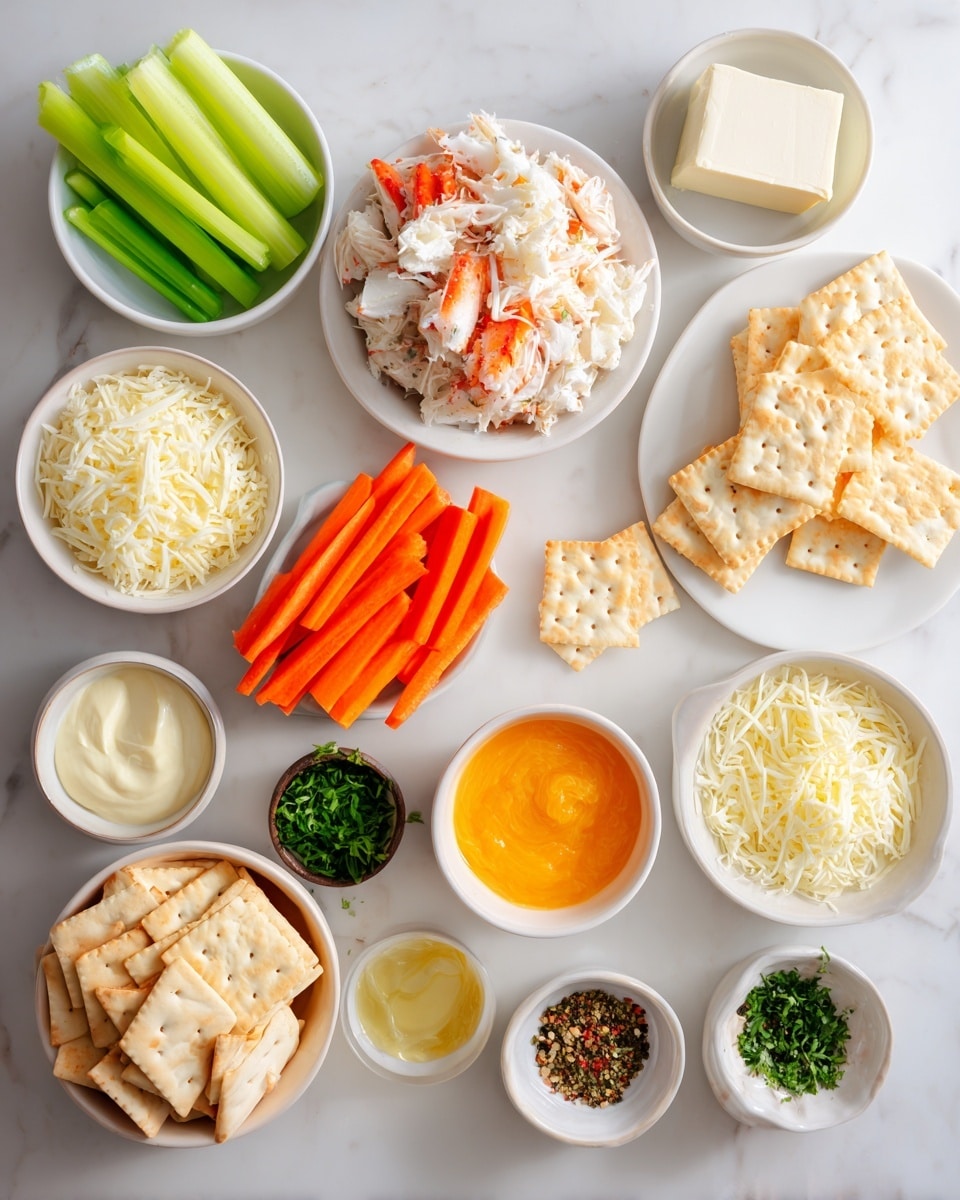 The image shows many small white bowls and plates arranged on a white marbled surface. One white plate holds green celery sticks and orange carrot sticks neatly stacked side by side. Another white plate is filled with square saltine crackers. Several white bowls contain different kinds of shredded white and pale yellow cheese, placed near the center. A larger bowl holds white shredded crab meat with some reddish bits mixed in. Small bowls around the sides contain creamy sauces in white, mayonnaise in pale yellow cream, an orange-colored sauce, minced garlic, green chopped herbs, finely ground spices, lemon juice, and black pepper. There is also a bowl with two blocks of white cream cheese. The setup looks clean and colorful, with the ingredients ready for making a crab dip or spread. Photo taken with an iphone --ar 4:5 --v 7