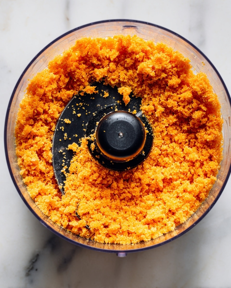 The image shows a close-up top view inside a clear food processor bowl filled with finely ground orange food, resembling small crumb-like pieces. The food texture looks soft and slightly moist, spread evenly around the sharp black blade in the center, which has some bits stuck on it. The background is a white marbled surface, adding a clean and bright setting to the scene. photo taken with an iphone --ar 4:5 --v 7