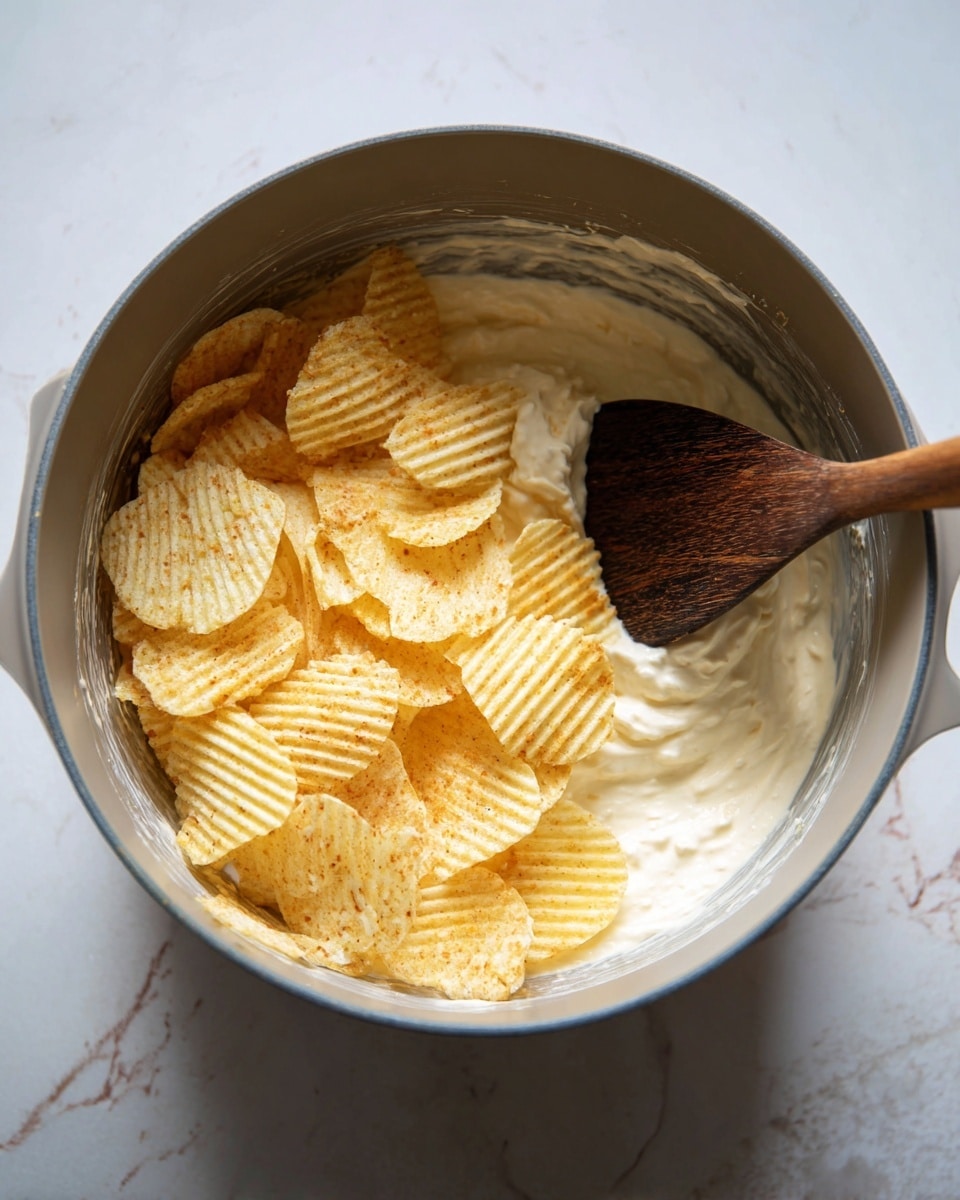 Inside a gray pot, there is one layer of white creamy sauce at the bottom with a rough texture. On top of this, there is a thick layer of ridged potato chips in light yellow color, some with light brown spots. A dark wooden spatula is partially inside the pot on the right side, touching both layers. The pot sits on a surface with a white marbled texture. photo taken with an iphone --ar 4:5 --v 7