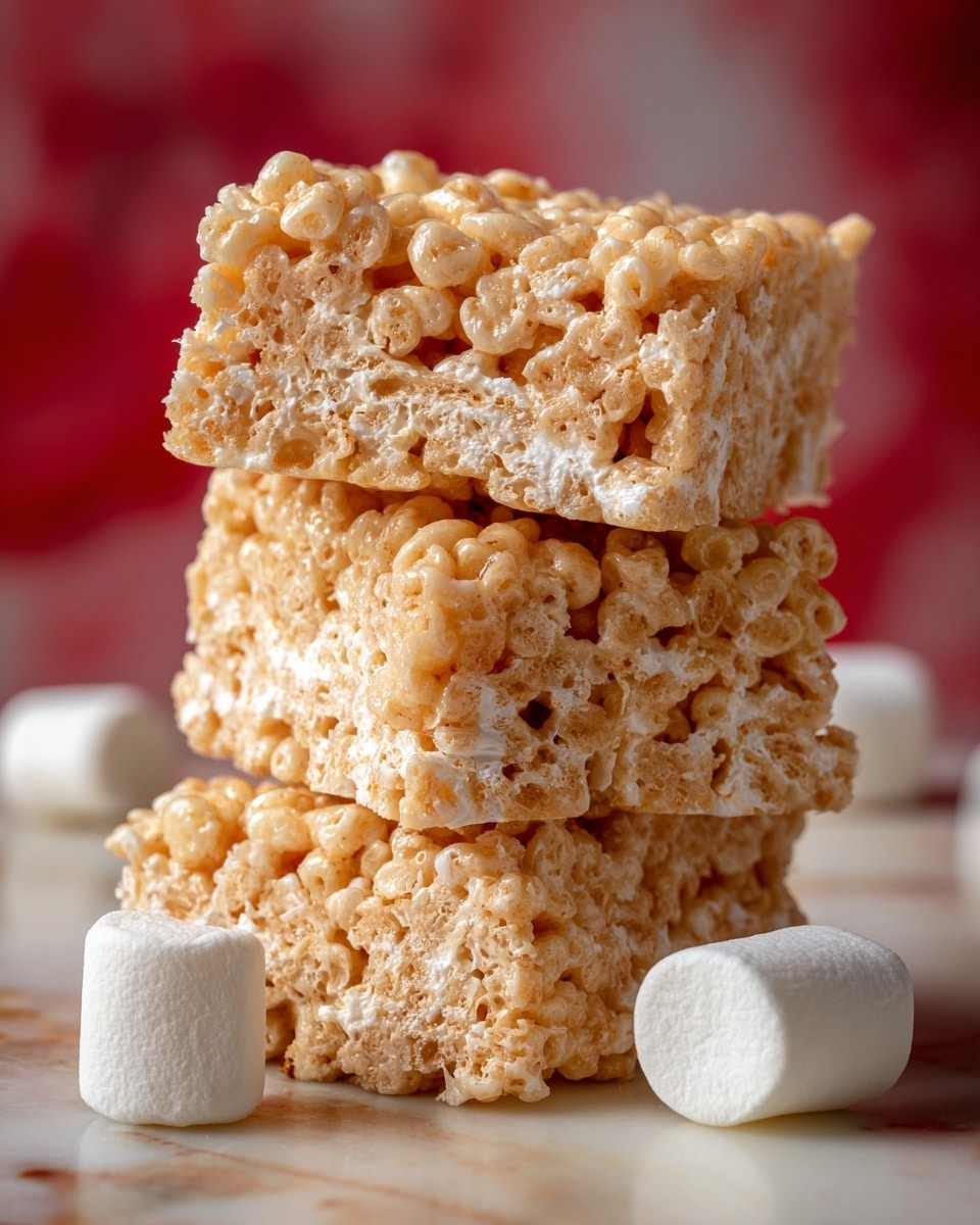 Three light beige crispy treats are stacked on top of each other, showing their porous texture with puffed rice and gooey marshmallow mix. The bars have a soft and sticky look with thin strands connecting the layers. One small white marshmallow lies next to the stack on a surface with white marbled texture. The background is blurry with red and white colors. Photo taken with an iphone --ar 4:5 --v 7