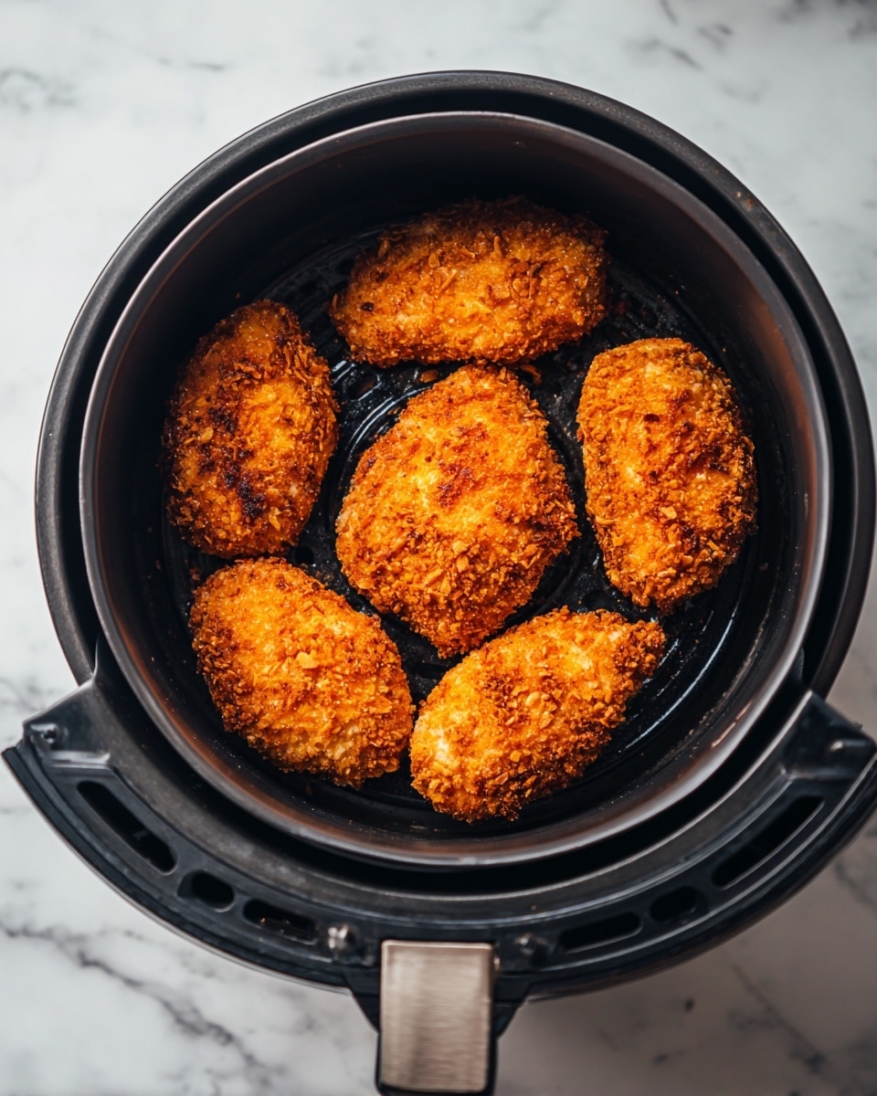 Five pieces of golden brown breaded chicken with a crunchy texture and scattered darker crumbs, placed inside a black round air fryer basket. The basket is sitting in a dark gray air fryer with a metallic outer rim, and the whole device is set against a white marbled background. The chicken pieces vary in size and shape, filling most of the basket's base. photo taken with an iphone --ar 4:5 --v 7