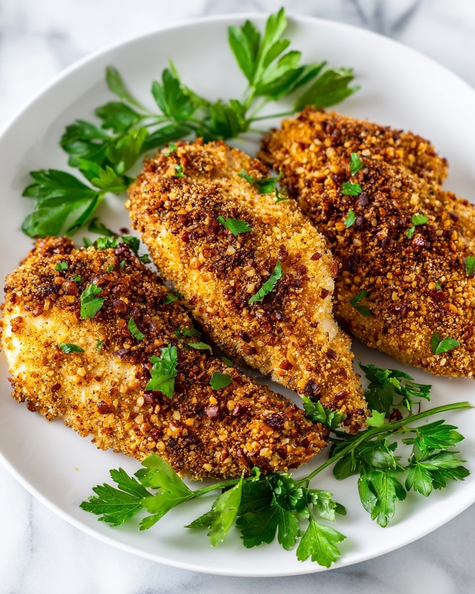 A close-up view of three pieces of golden brown nut-crusted chicken arranged slightly overlapping on a white plate. Each piece is covered in a crunchy textured coating made from chopped nuts and crumbs, showing a mix of light and dark brown shades with a rough surface. Bright green parsley leaves are placed around the chicken pieces, adding a fresh color contrast. The white plate sits on a background with a white marbled texture. Photo taken with an iphone --ar 4:5 --v 7