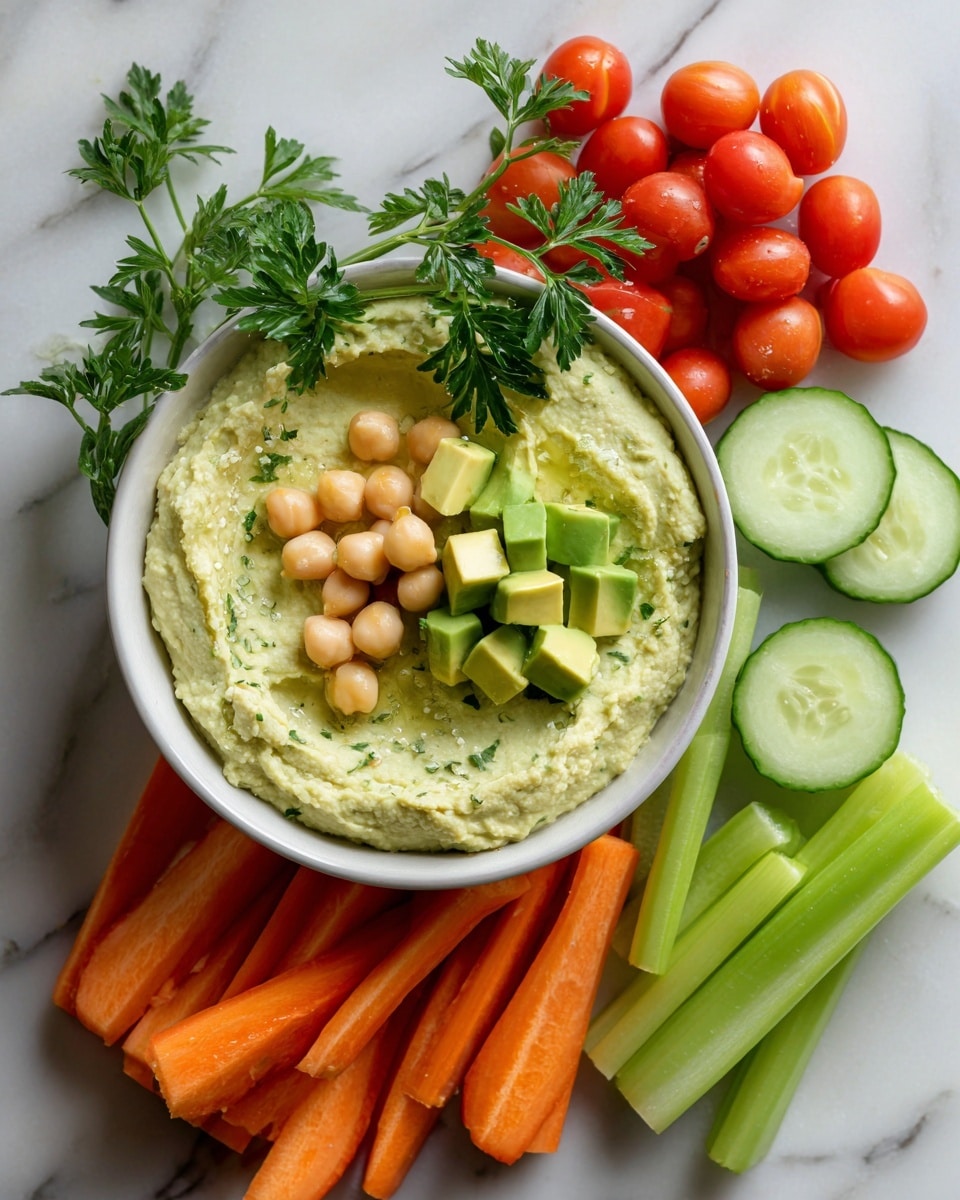 A white bowl filled with smooth, pale green hummus topped with small chickpeas, diced avocado cubes, and a sprig of green parsley on one side, all sitting on a white marbled surface. Surrounding the bowl on the surface are fresh red grape tomatoes, sliced cucumber rounds showing light green skin and pale interiors, crisp celery sticks, and bright orange baby carrots arranged neatly around the bowl. Photo taken with an iphone --ar 4:5 --v 7