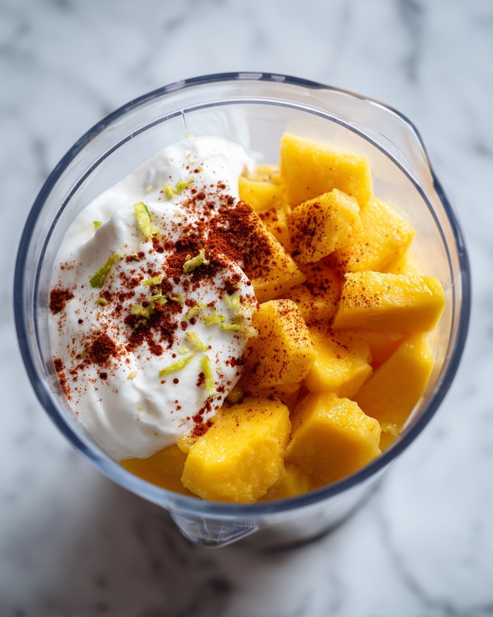 A clear blender jar contains three main layers: at the bottom, there are many small, bright yellow frozen mango chunks with a frosty texture; on top of the mango chunks, there is a thick layer of white creamy yogurt that looks smooth and soft; sprinkled over the yogurt and mango are small bits of green lime zest and a dusting of dark red-brown spice powder, adding color contrast. The scene is set on a white marbled surface. photo taken with an iphone --ar 4:5 --v 7