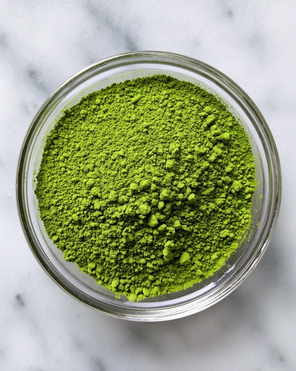 A clear glass bowl filled with bright green matcha powder, showing a fine, slightly clumpy texture. The bowl is placed on a white marbled surface, allowing the rich green color to stand out clearly. The image is focused from above, capturing the even spread of the powder inside the bowl. Photo taken with an iphone --ar 4:5 --v 7
