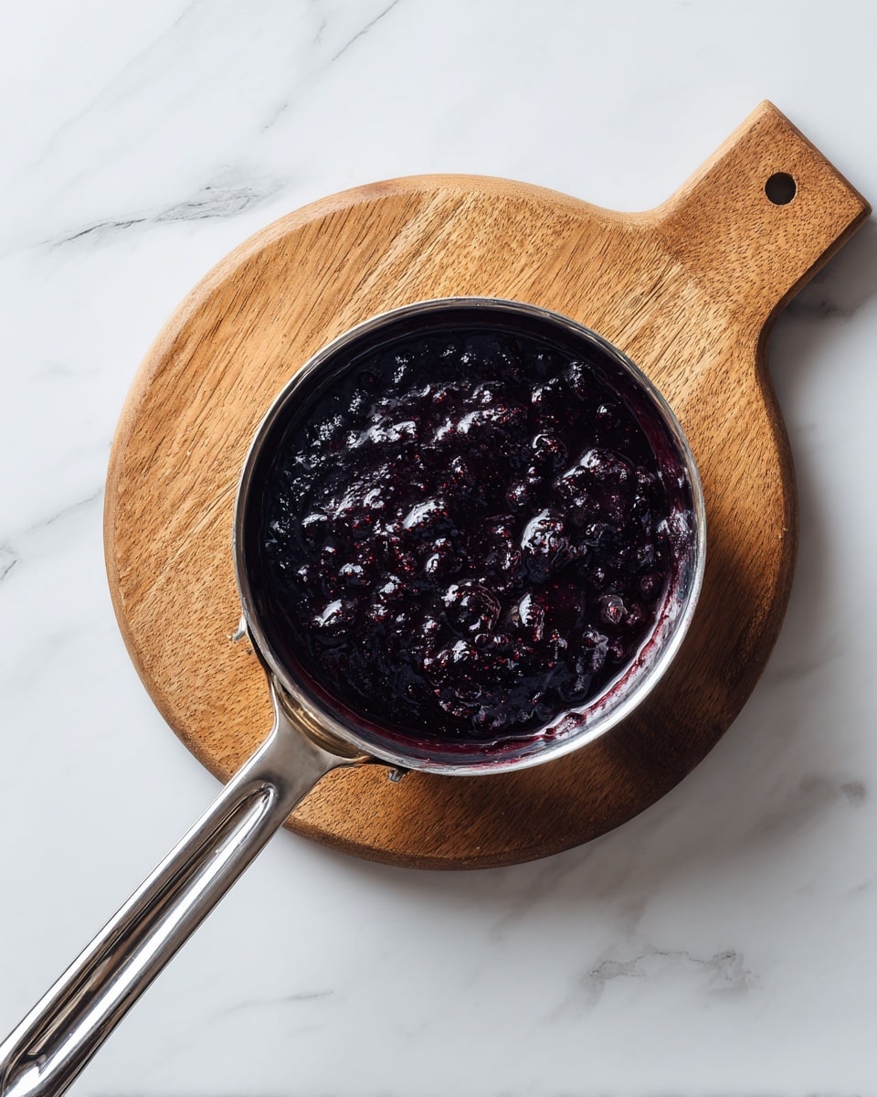 A small metal pan with a long handle holds a thick, dark purple sauce with visible chunks of fruit, looking glossy and rich. The pan sits on a round wooden board, which contrasts with the white marbled surface below. The sauce fills the pan nearly to the top, showing texture from the cooked fruit pieces within. The scene is simple and clean with a focus on the dark sauce in the pan photo taken with an iphone --ar 4:5 --v 7