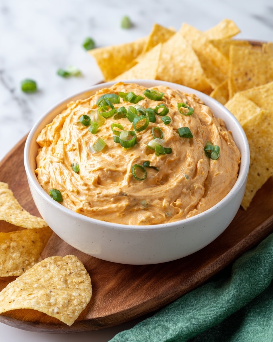 The image shows a white bowl filled with a thick, creamy orange dip that has a smooth, swirled texture with bits of lighter color mixed inside. Small pieces of chopped green onions are scattered on top as garnish. The bowl sits on a wooden board surrounded by light yellow tortilla chips, and a green cloth is partly visible on the side. The surface beneath the bowl and board is a white marbled texture. photo taken with an iphone --ar 4:5 --v 7