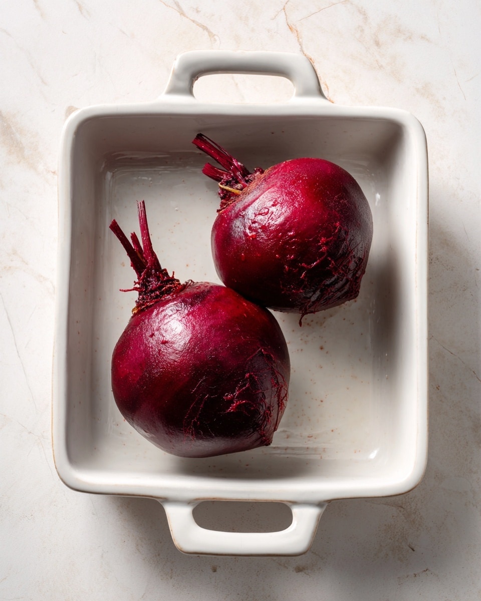 A white square baking dish with two whole dark red beets inside on a white marbled surface background. The beets have a shiny, slightly rough skin texture with visible root ends, positioned side by side in the center of the dish. The baking dish has thick handles on both sides, and the lighting highlights the smooth inside surface of the dish with soft shadows around the beets photo taken with an iphone --ar 4:5 --v 7