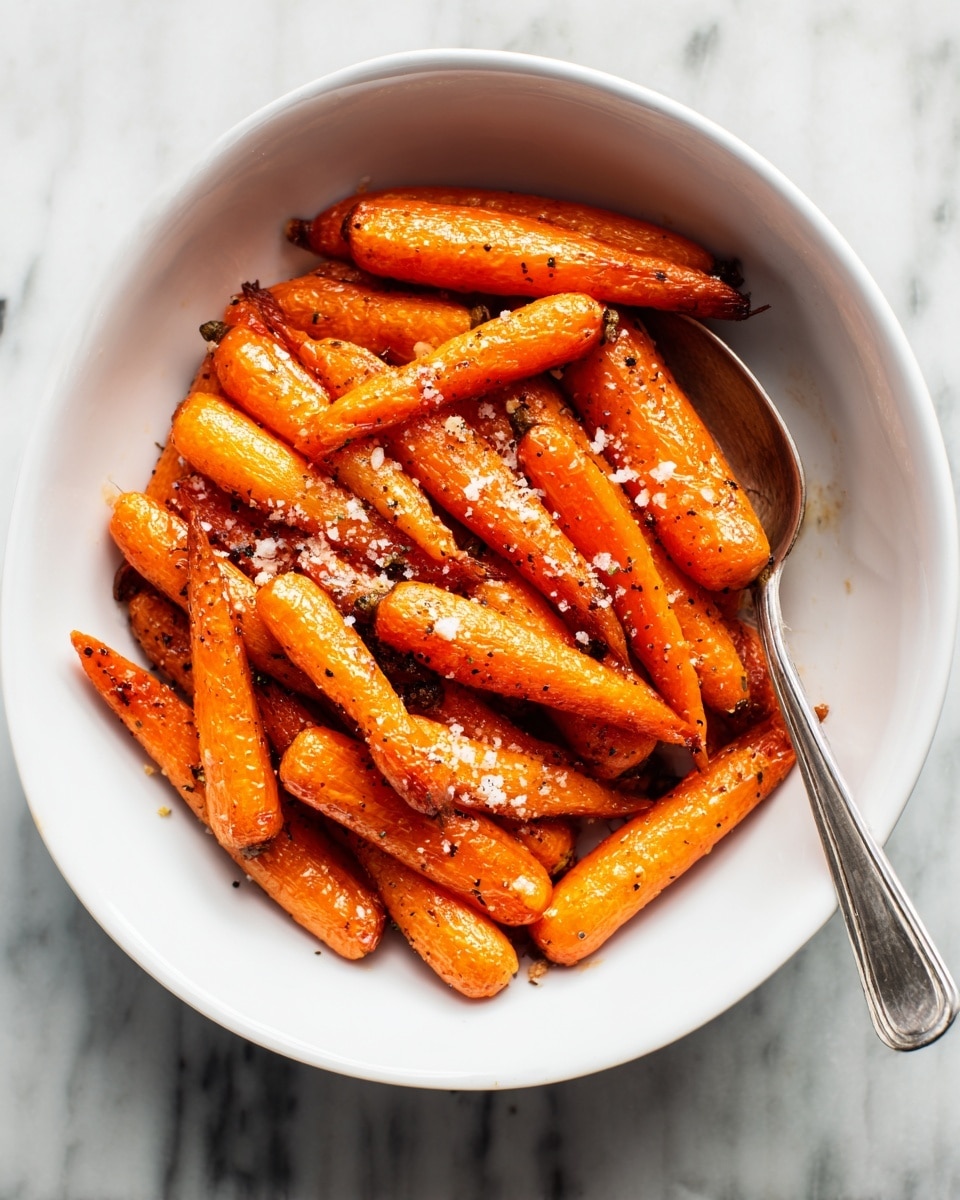 A white bowl is filled with roasted baby carrots that are bright orange with some browned edges, showing a slightly crispy texture. The carrots are sprinkled with coarse sea salt and black pepper, adding small white and black specks on their surface. A silver spoon rests inside the bowl on the right side, partially under the carrots. The bowl is placed on a white marbled surface. photo taken with an iphone --ar 4:5 --v 7