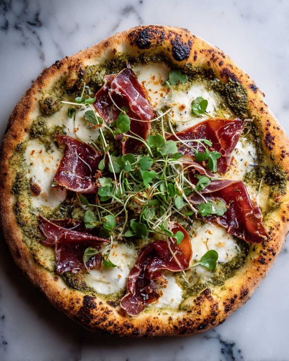 The image shows a round pizza with a golden-brown crust, placed on a black-speckled surface that will be changed to white marbled. The pizza has three main layers: the base layer is green pesto spread evenly on the dough close to the crust, the middle layer consists of white melted cheese patches, and the top layer has thin slices of reddish-brown cured meat arranged loosely in the center. The pizza is finished with fresh green leafy sprouts scattered on top, giving a fresh look. Photo taken with an iphone --ar 4:5 --v 7