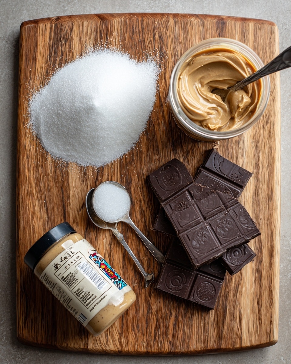 A wooden board holds several baking ingredients arranged neatly: a pile of white granulated sugar on the top left, a spoon filled with white solid coconut oil below the sugar, and a group of broken dark brown chocolate squares with circular patterns on the right side. At the top right, there is an open jar filled with creamy beige peanut butter with a small metal spoon inside. Near the bottom left corner lies a tilted small bottle with a beige label and a black cap, the label shows text and colorful designs. The board itself has a natural wood grain pattern. Photo taken with an iphone --ar 4:5 --v 7