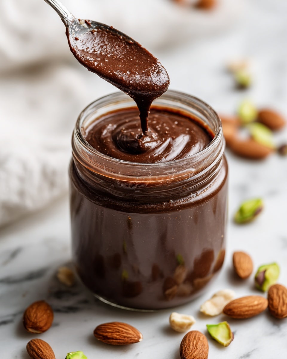 A glass jar filled with smooth, dark brown chocolate nut spread sits on a white marbled surface. The jar is open and a metal spoon is dipped into the thick, creamy spread, with some of it on the spoon. Around the jar, there are scattered whole almonds, peanuts, and pieces of light green pear. The background is softly blurred and also white marbled, keeping focus on the jar and nuts in the front. Photo taken with an iphone --ar 4:5 --v 7