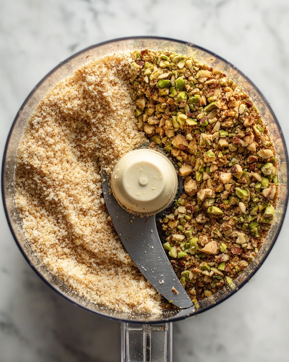 A close-up view inside a clear food processor bowl showing a mix of crushed nuts in two texture layers: a coarser layer with medium-sized green and tan nut pieces on the right side and a finer ground layer of nut crumbs on the left side, both resting on the bottom. A sharp silver blade runs through the middle of the bowl, attached to a beige central piece. The background surface is a white marbled texture. photo taken with an iphone --ar 4:5 --v 7