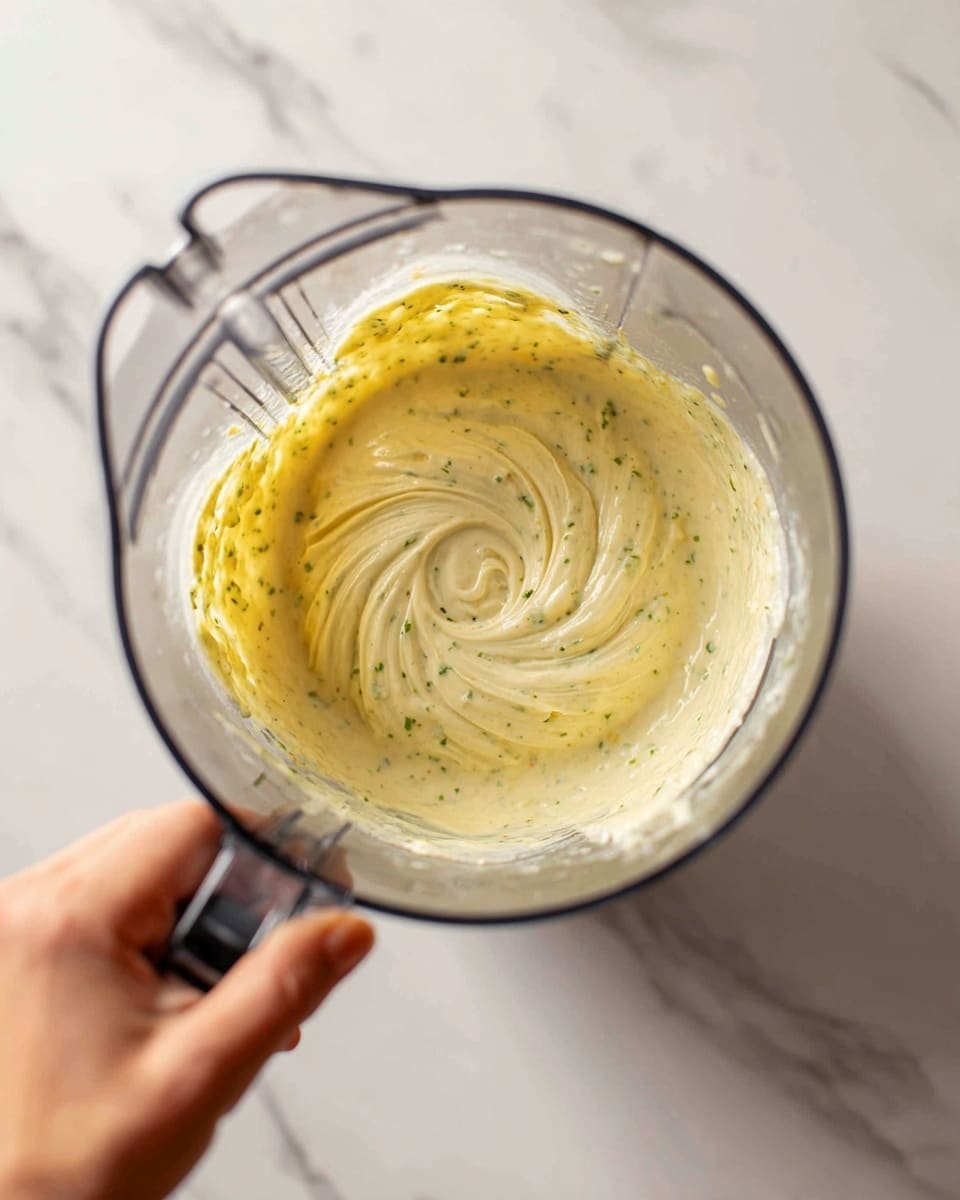 The image shows a top view inside a blender filled with a smooth, creamy mixture of light yellow color with small green specks spread throughout. The blender container is clear, making the swirls and texture of the mixture visible, with some thicker sticking on the sides. A white marbled surface is in the background, and a woman's hand is seen holding the blender from the left side. photo taken with an iphone --ar 4:5 --v 7