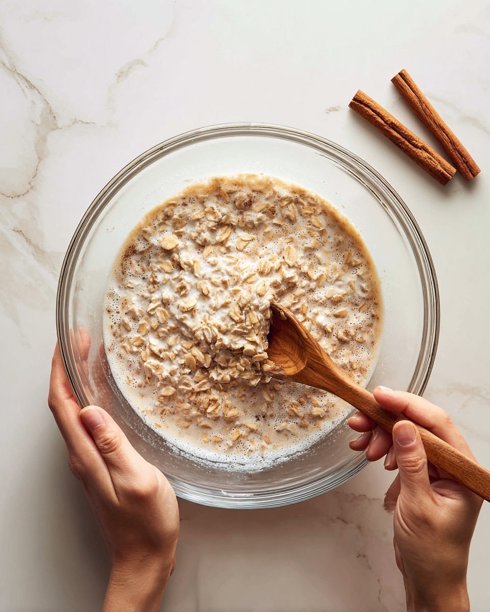 A clear glass bowl filled with oats soaked in a creamy liquid, showing uneven texture with oats floating and some soaked fully, being stirred by a woman's hand holding a wooden spoon; another woman's hand steadying the bowl from below. The bowl is placed on a white marbled surface with two cinnamon sticks on the top right corner. The mixture looks thick and slightly foamy around the edges. photo taken with an iphone --ar 4:5 --v 7