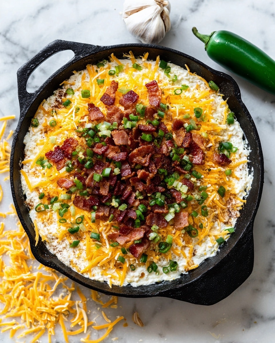 A black cast iron pan sits on a white marbled surface, filled with a layered dip. The bottom layer is a creamy white base spread evenly across the pan. On top of this, there is a thick layer of shredded yellow cheddar cheese, covering the whole surface. Small pieces of crispy bacon are scattered evenly across the cheese layer. Sprinkles of finely chopped green jalapeño peppers are spread on top, adding color and texture. Extra shredded cheese is scattered outside the pan on the white marbled surface. A whole green jalapeño and a garlic clove rest nearby. Photo taken with an iphone --ar 4:5 --v 7