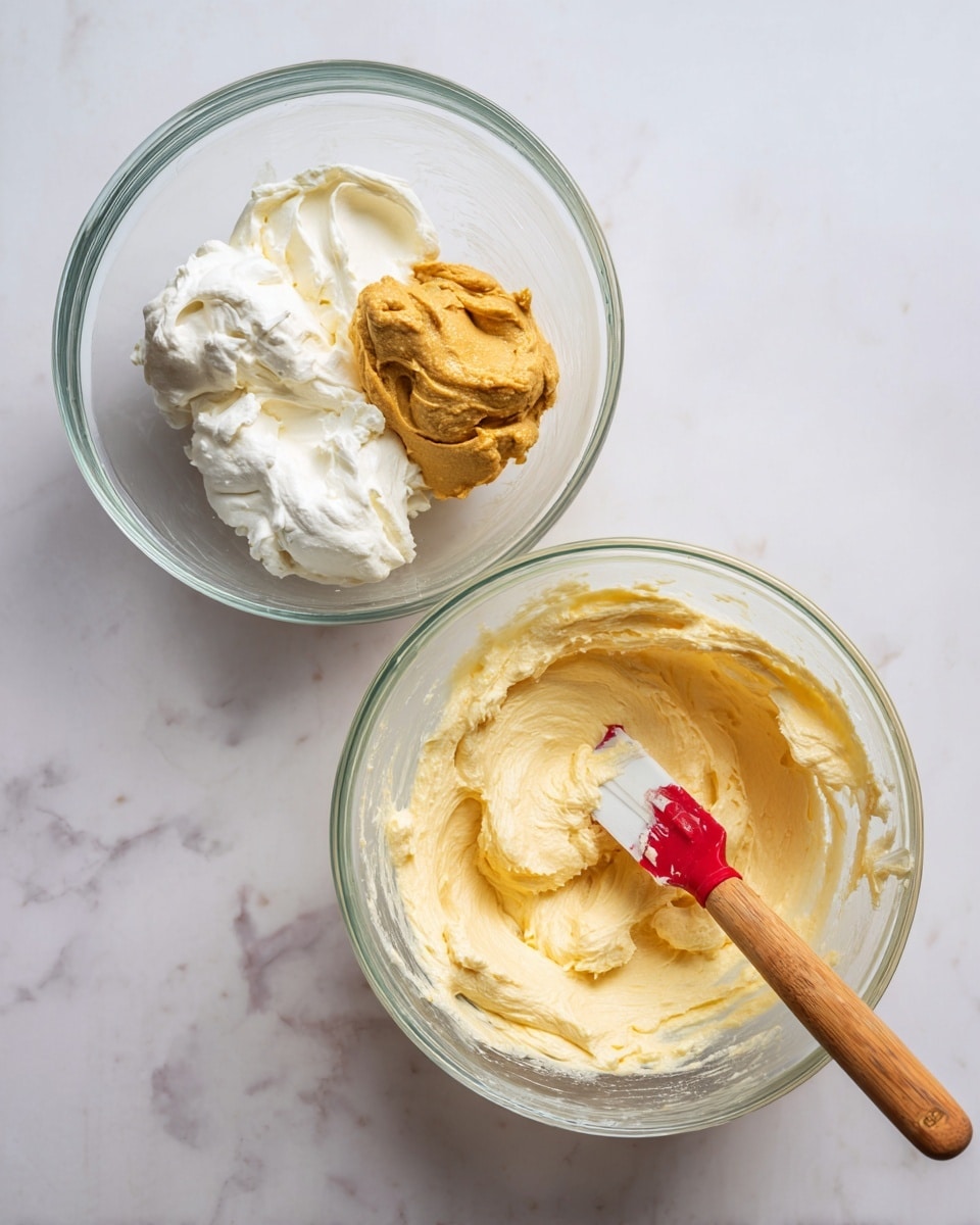 Two clear glass bowls sit side by side on a white marbled surface. The left bowl holds four different ingredients separated in small heaps: a thick white cream at the top left and right, a pale yellow creamy layer at the bottom, and a dollop of golden brown paste in the center. The right bowl shows the mixture after stirring, with a smooth, light yellow batter that has a slightly fluffy texture. A spatula with a wooden handle and red silicone blade rests inside, coated with the creamy batter. The photo looks natural and bright, photo taken with an iphone --ar 4:5 --v 7