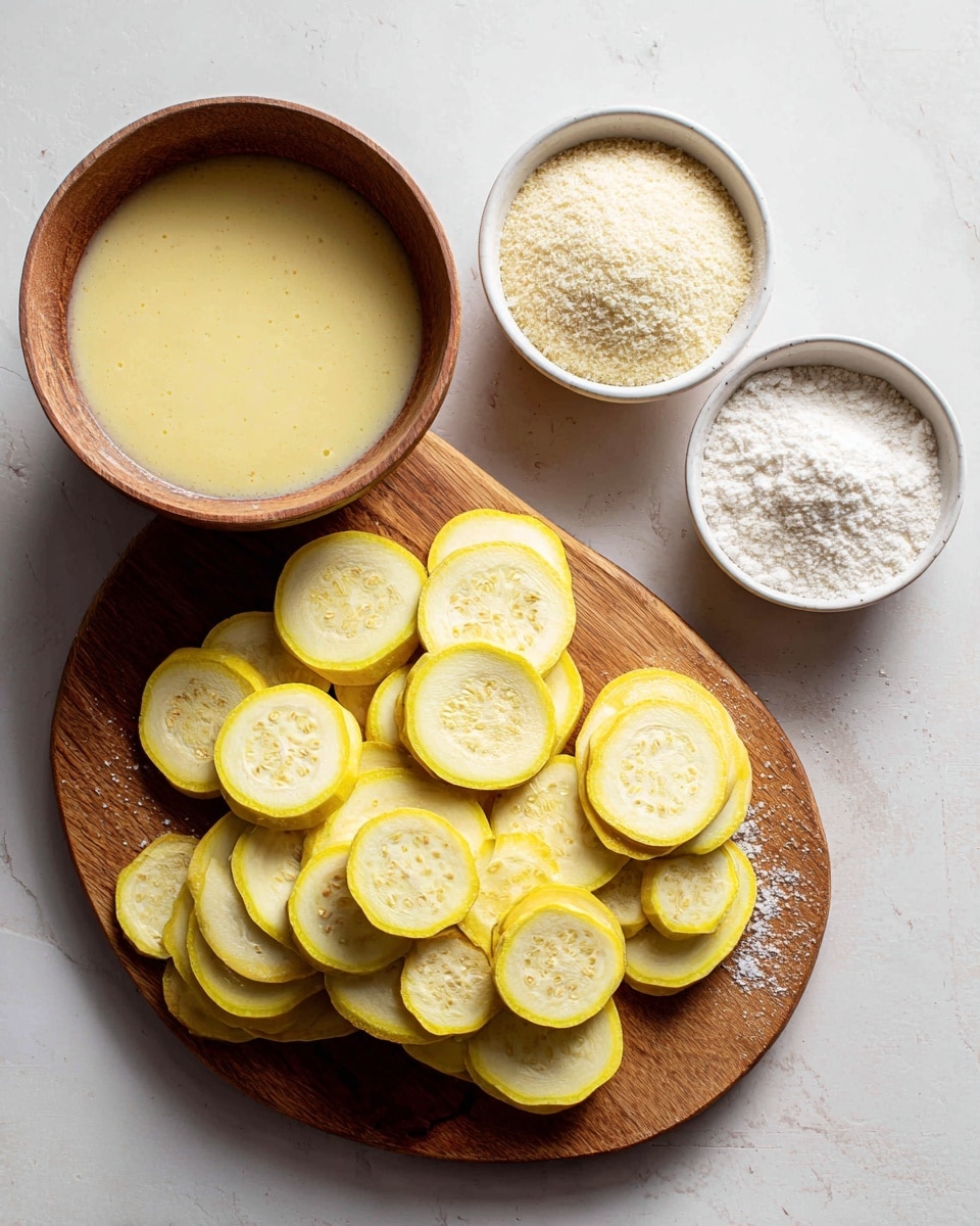 The image shows a wooden board with thinly sliced yellow squash scattered on the right side, each slice showing pale yellow flesh and seeds. To the top right of the board, there is a brown bowl filled with a smooth, light yellow liquid batter. On the white marbled surface next to the board, there are two white bowls; one contains a white flour powder, and the other holds coarse breadcrumb flakes. The whole setup is clean and organized, with a light background that highlights the colors and textures of the ingredients clearly. photo taken with an iphone --ar 4:5 --v 7