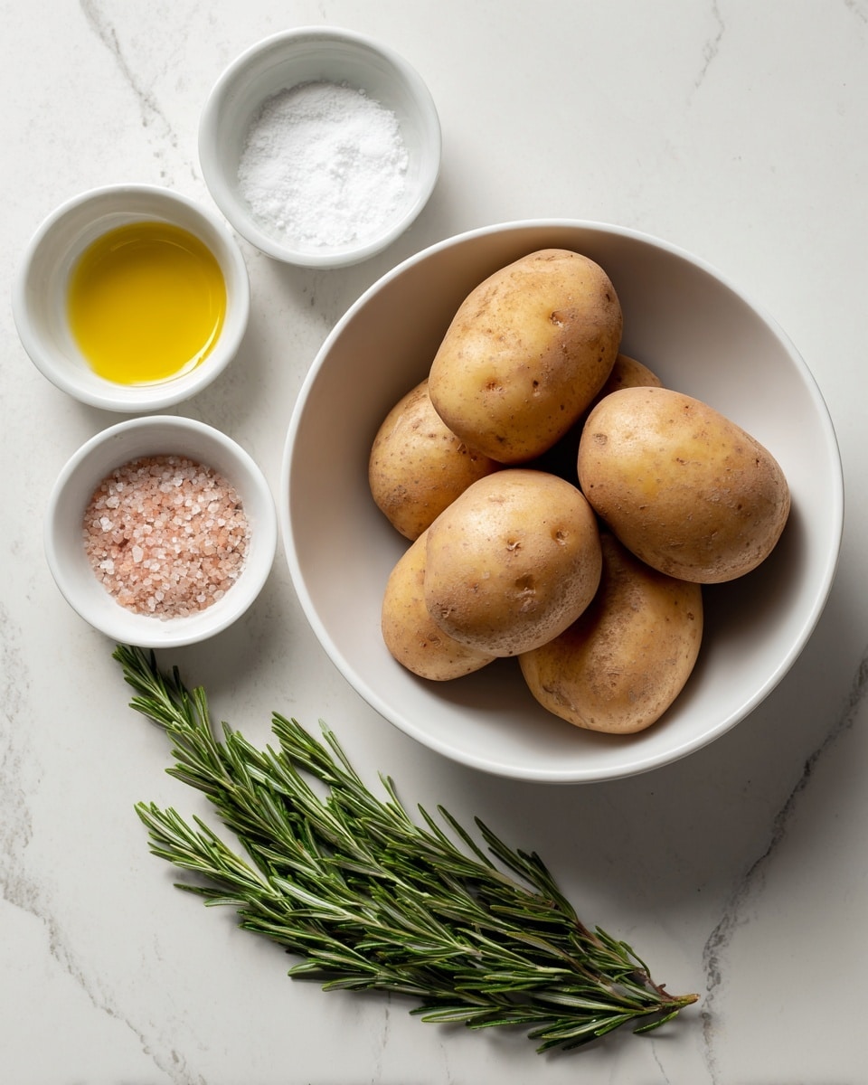A group of six light brown potatoes with rough skin sits inside a white bowl on the right side of the image. To the left are three small white bowls: one filled with golden oil, another with white and pinkish salt, and the last holding a mix of beige and pink seasoning. Below the bowls, a bright green sprig of rosemary lies diagonally on a white marbled surface. photo taken with an iphone --ar 4:5 --v 7