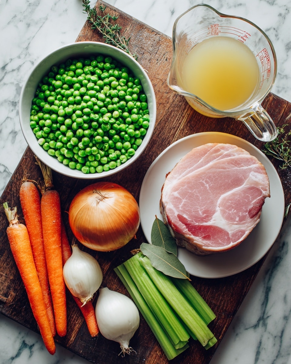 The image shows a top-down view of several cooking ingredients arranged on a dark wooden board over a white marbled surface. At the top left is a large white bowl filled with bright green split peas. Below it, a clear glass measuring cup holds light yellow broth, almost full. To the right of the broth, a white plate carries a thick round slice of pink ham with marbled fat. To the right of the ham, there is a light brown onion, a white garlic bulb, and a bay leaf laying on the board. Along the right edge, three fresh orange carrots lay side by side, with three green celery stalks positioned above them. At the bottom left, a small white plate has a piece of cooked ham hock with a brown outer skin. The colors are natural and fresh, with a clean and simple setup. Photo taken with an iphone --ar 4:5 --v 7