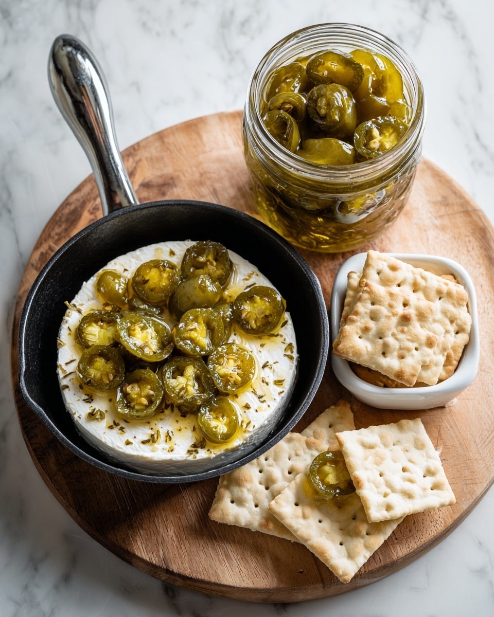 A white soft cheese layer sits flat in a small black pan with a shiny metal handle, topped with a glossy greenish-yellow pickled jalapeno slice layer that shows seeds and a slightly wet texture; nearby, a small square white cracker on a wooden board is spread with a thick layer of white cheese and topped with a few slices of the same jalapeno pickles; beside this, an open clear jar filled with the pickled jalapenos shows slices floating in a thick liquid; a white rectangular bowl holds a neat pile of thin, irregularly shaped beige crackers speckled with darker herbs, all placed on a round wooden board that contrasts with the white marbled surface underneath. photo taken with an iphone --ar 4:5 --v 7