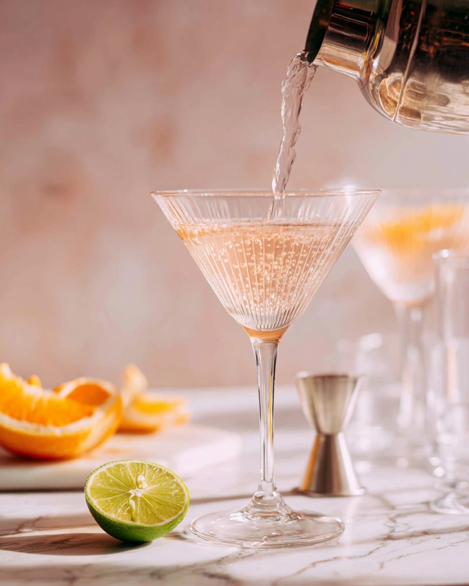 A clear liquid is being poured from a silver and copper shaker into a tall, clear martini glass with a long textured stem, showing bubbles in the pale pink drink. The glass is placed on a white marbled surface alongside orange and yellow citrus peels, with two empty clear martini glasses behind it and a metal jigger to the right side. A bright green lime half sits in the foreground on the white marbled surface. The soft background is light pink with a blurred texture. Photo taken with an iphone --ar 4:5 --v 7