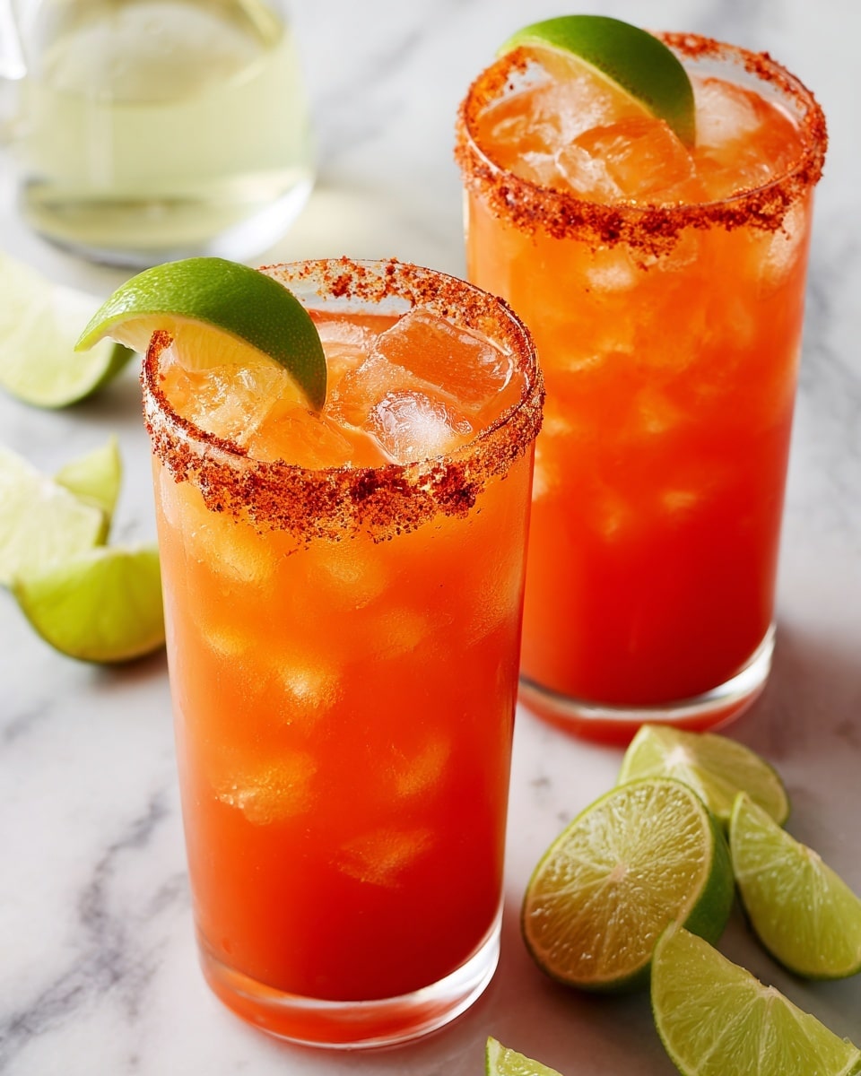 Two tall clear glasses are filled with a reddish-orange drink layered with light ice cubes on top. The rims of the glasses are coated thickly with a dark red spice mix, rough in texture. Each glass is garnished on the rim with a fresh green lime wedge, showing a juicy, bright inside. The glasses sit on a white marbled surface; beside them, a few more lime wedges are placed. In the background, a clear glass pitcher with liquid is partly visible. The overall scene is bright and fresh. photo taken with an iphone --ar 4:5 --v 7