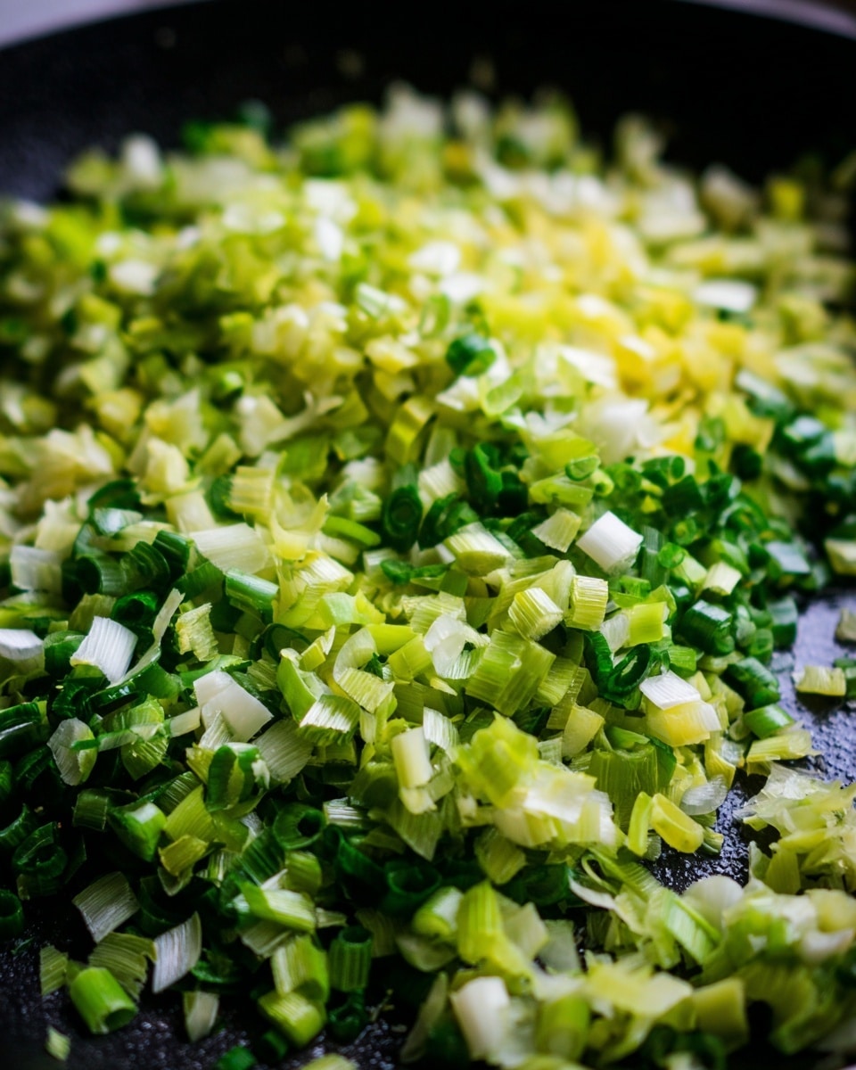 A close-up view of a large black frying pan filled with finely chopped green and white vegetables, mainly leeks. The pieces vary in shades of bright green to lighter green and white, showing a mix of soft and slightly crisp textures. The leek pieces spread evenly across the pan, some pieces curved and others flat, giving a sense of freshness and preparation for cooking. Photo taken with an iphone --ar 4:5 --v 7