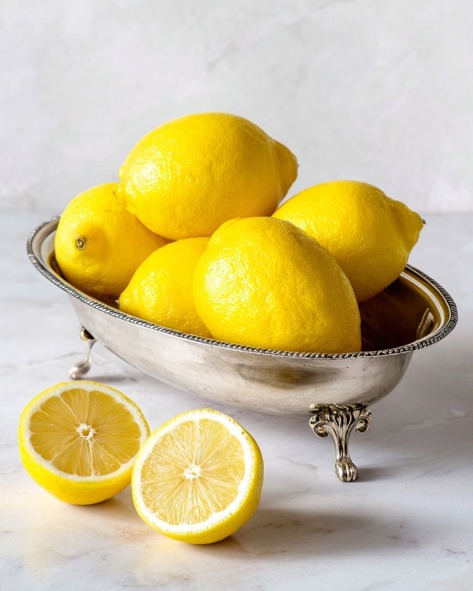 The image shows several bright yellow lemons arranged in an oval metallic bowl with small decorative feet, placed on a white marbled surface. One whole lemon sits outside the bowl in front, while another lemon is sliced in half, showing its juicy, pale yellow inside with visible segments. The background is plain and light, adding focus to the fresh lemons and the shiny bowl. photo taken with an iphone --ar 4:5 --v 7