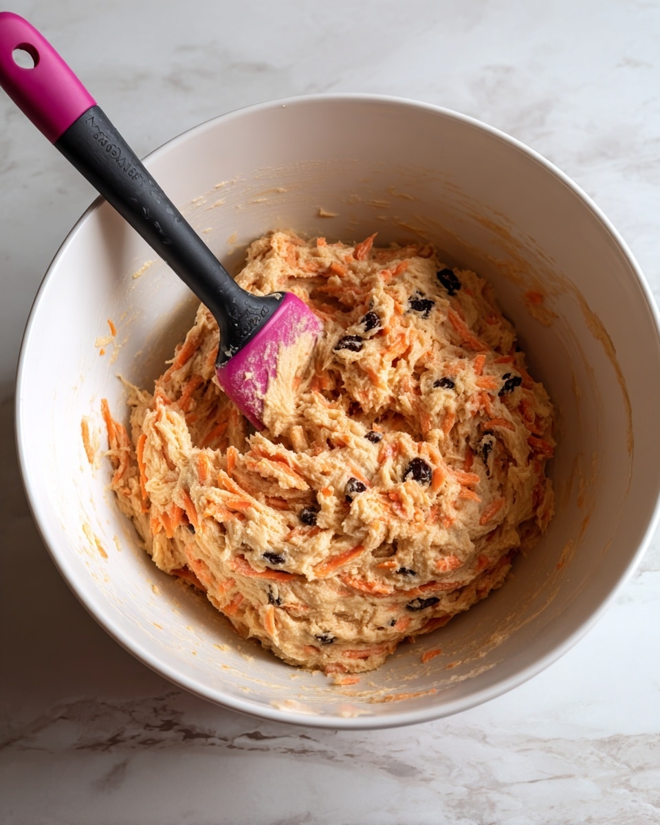 A white mixing bowl filled with light beige dough that has visible bright orange grated carrot pieces and dark brown raisins mixed in. A black-handled spatula with a pink silicone head rests inside the bowl, partially covered by the dough. The bowl sits on a white marbled surface. photo taken with an iphone --ar 4:5 --v 7