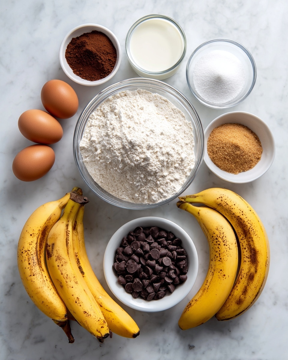The image shows several ingredients laid out on a white marbled surface. There are three ripe bananas with brown spots on their yellow skins placed on the bottom right. Near the bananas is a small white bowl filled with dark chocolate chips. In the center is a large clear glass bowl filled with white flour. Surrounding the flour bowl, there are two brown eggs on the left, a small white bowl with cocoa powder above the eggs, a small white bowl with white granulated sugar above the cocoa powder, a medium clear glass bowl with brown sugar next to the granulated sugar, a small clear glass with milk above the brown sugar, and a small white bowl with a clear liquid on the right side near the bananas. The setup is clean and bright. Photo taken with an iphone --ar 4:5 --v 7