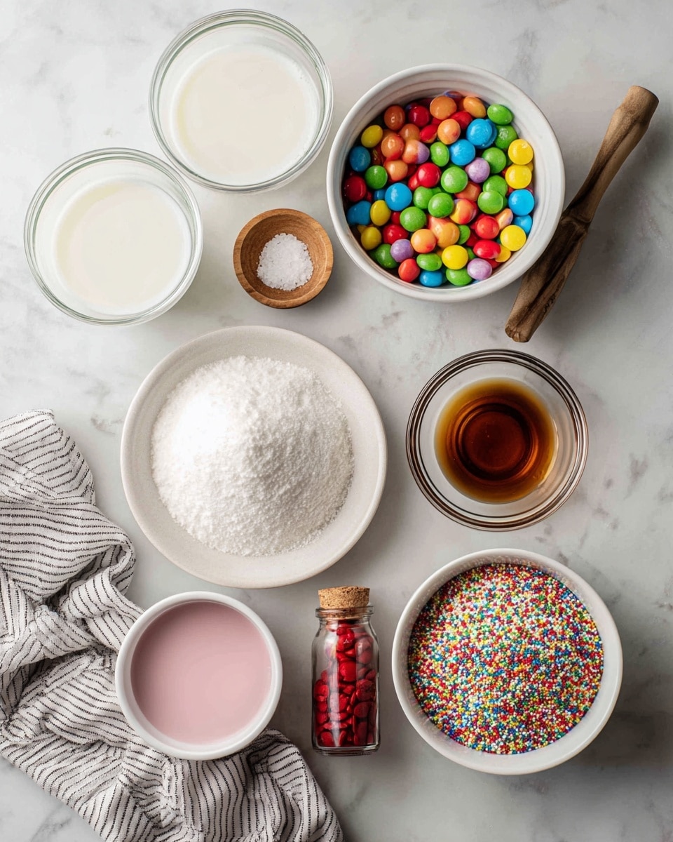 A top view of several baking ingredients arranged on a white marbled surface. There are two clear measuring cups filled with white liquid near the top left and top right. A white bowl filled with colorful round candies is placed near the top center. A small wooden bowl with a pinch of salt sits below the candies. Near the middle right, a small clear glass bowl holds a brown liquid. A white plate filled with white granulated sugar is at the bottom left, next to a striped cloth. Below that, a small white bowl contains pink liquid, and beside it is a small bottle with red liquid and a red cap. Another white bowl filled with rainbow-colored round sprinkles is near the bottom center. photo taken with an iphone --ar 4:5 --v 7