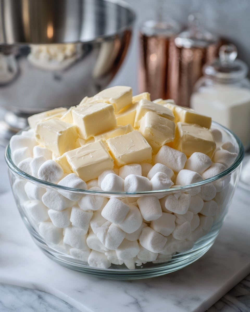 A clear glass bowl filled with three layers: the bottom layer is large white marshmallows, the middle layer is small white marshmallows covering the big ones, and the top layer consists of evenly spaced square pieces of pale yellow butter scattered over the small marshmallows. The bowl is set on a white marbled surface, with a metallic mixing bowl and seasoning containers slightly blurred in the background. Photo taken with an iphone --ar 4:5 --v 7