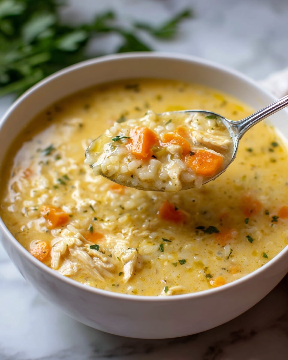 A close-up view of a white bowl filled with thick soup, showing soft yellow chunks of chicken, orange carrot slices, and small bits of green herbs mixed within a creamy rice base. A silver spoon lifts a portion of the soup, highlighting the smooth, slightly shiny texture of the broth with visible grains of rice and vegetables. The bowl sits on a white marbled surface with some blurred leafy green vegetables nearby. The overall color scheme is warm and comforting with a mix of light yellow, bright orange, and fresh green tones. Photo taken with an iphone --ar 4:5 --v 7