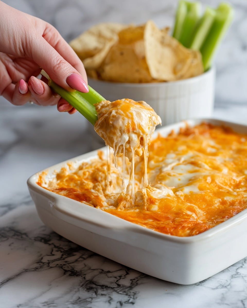 The image shows a white rectangular dish filled with a creamy dip that has a smooth, slightly lumpy texture and a warm orange color with melted cheese on the surface. A woman's hand with pale pink nails is holding a green celery stick, scooping up a generous portion of the dip. The dip looks rich and cheesy, with some stringy melted cheese stretching from the dish. In the background, there is a white bowl filled with golden tortilla chips resting on a white marbled surface. photo taken with an iphone --ar 4:5 --v 7
