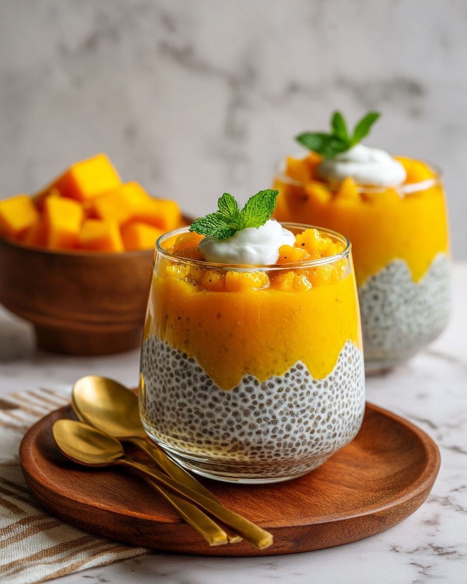 The image shows two clear glasses filled with a layered dessert. Each glass has four layers starting with a pale yellow chia pudding with visible black chia seeds at the bottom, followed by a bright orange mashed fruit layer, then another layer of chia pudding, and topped with a final layer of the mashed orange fruit. The top layer is decorated with a small dollop of white cream and a sprig of fresh green mint. One glass is placed on a round wooden tray with two golden spoons beside it on a white marbled tiled surface. The background shows a second glass and a wooden bowl with chunks of the bright orange fruit. Photo taken with an iphone --ar 4:5 --v 7