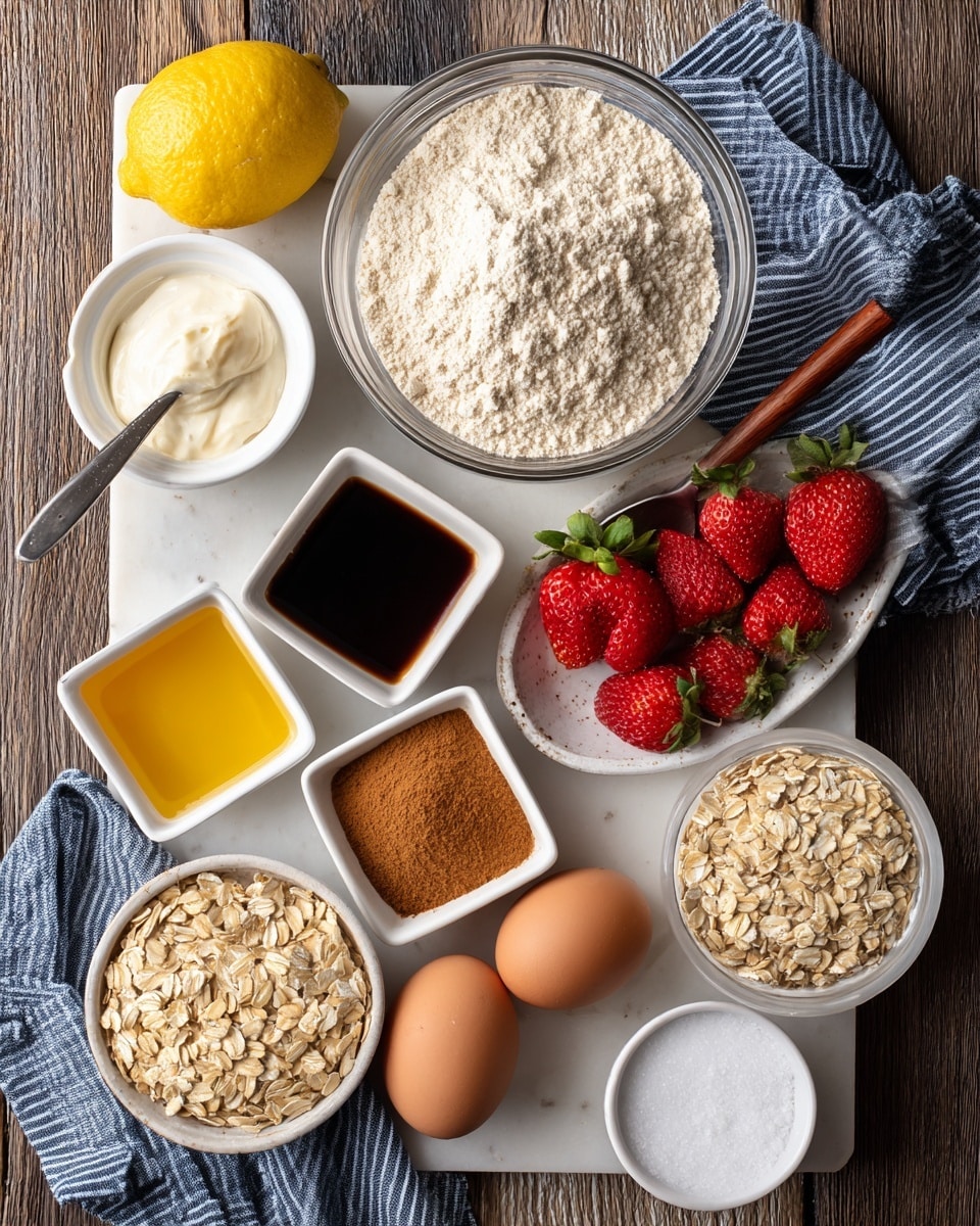 A top view of various baking ingredients organized on a white marbled texture. In the center, a large clear bowl filled with light beige flour. Below it slightly to the right, a medium clear bowl holds bright red strawberries with green leaves. To the left of the strawberries, near the bottom left corner, a small white square dish contains deep amber maple syrup. Above that, a metal measuring spoon with white creamy yogurt sits. Next to the yogurt, a small clear round bowl with warm brown cinnamon powder. Above that, a square white dish holds dark liquid vanilla extract. Above the flour bowl, a bright yellow lemon rests on a blue and white striped cloth. To the right of the lemon, two brown eggs lie side by side. Near the eggs, a metal measuring cup filled with golden olive oil. Below the oil, a square white dish has pale beige rolled oats. A small clear bowl near the oats shows white baking soda, white salt, and light pink salt. The dark wood surface contrasts with the white bowls and colorful ingredients photo taken with an iphone --ar 4:5 --v 7