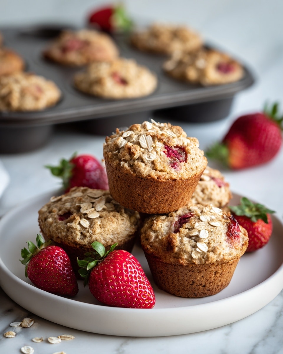 A close-up image showing six muffins still in a black metal muffin tray, each muffin topped with small pieces of red strawberry and scattered pale oat flakes. The muffins have a light brown, rough textured surface with visible bits of strawberries embedded inside. The background is a white marbled surface, and the image focuses mainly on the front muffin with the other muffins blurred slightly behind it. photo taken with an iphone --ar 4:5 --v 7