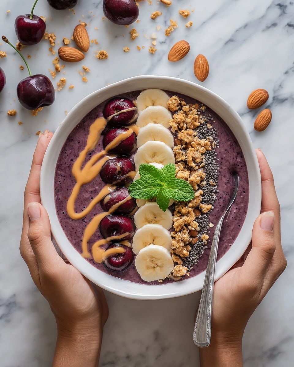 A smoothie bowl with a smooth, deep purple base fills a white bowl. On top, a row of thin banana slices forms the middle layer, nestled between dark red cherries cut in half with visible pits. Golden granola is sprinkled across the bowl, adding a rough texture, with small black chia seeds scattered over the top. Light brown peanut butter is drizzled in thin lines over the granola and fruit. In the center, a small bunch of fresh green mint leaves creates a bright spot. The bowl is held by two woman's hands against a white marbled surface, where loose granola, whole almonds, and whole cherries with green stems lie scattered. A silver spoon rests inside the bowl on the right side. Photo taken with an iphone --ar 4:5 --v 7