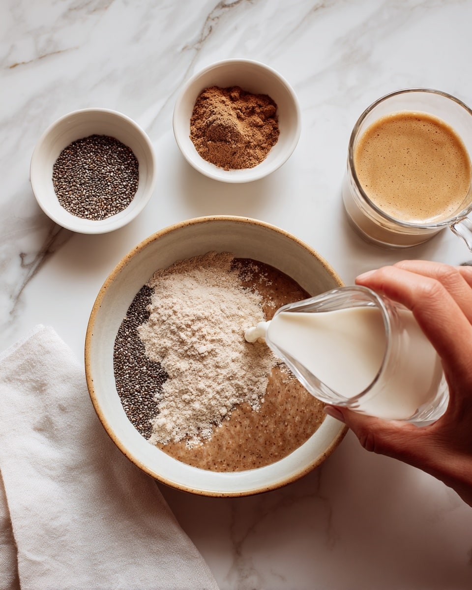 A white bowl with a tan rim holds three main layers: a sticky brown layer at the bottom, a thick sprinkle of light beige powder covering the right side, and a cluster of tiny black chia seeds on the left side. A woman's hand is pouring white liquid into the bowl from a small clear glass pitcher. Nearby, there are two small white bowls each filled with powder—one brown and one black seeds—resting on a white marbled surface along with a white cloth napkin and a clear glass cup of light brown coffee with foam on top. Photo taken with an iphone --ar 4:5 --v 7