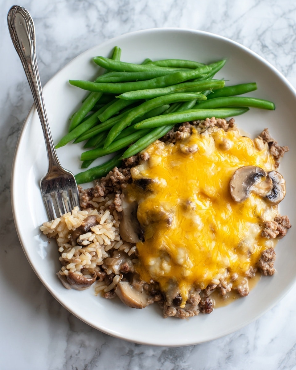 A white plate holds a creamy casserole dish with two main layers: the bottom layer has a mix of ground meat, sliced mushrooms, and rice in a light brown sauce, while the top layer is covered evenly with melted yellow cheese that has a slightly bubbly texture. On the upper side of the plate, there are several bright green, steamed green beans arranged neatly. A metal fork is digging into the casserole, showing a portion of the inside mixture. The background is a white marbled surface. Photo taken with an iphone --ar 4:5 --v 7