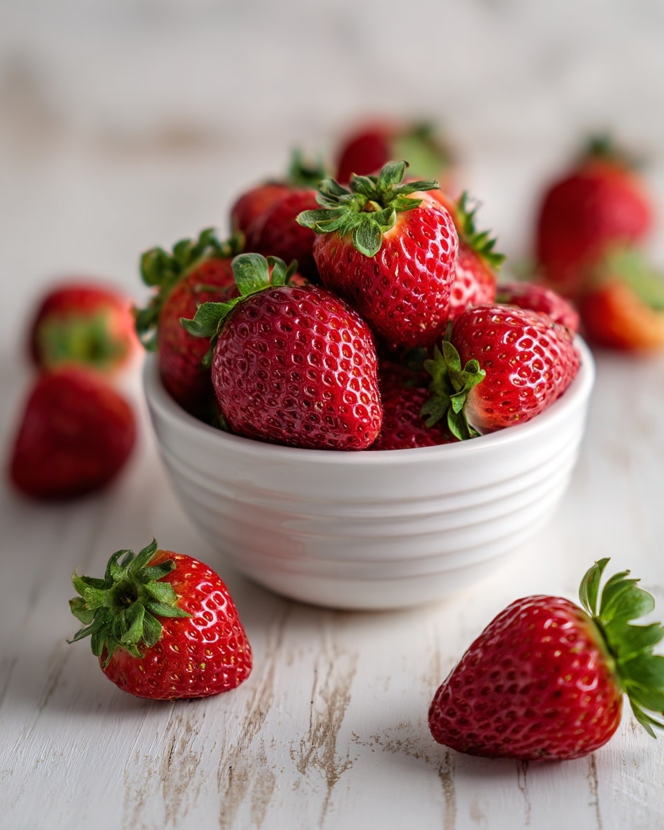 A small white bowl filled with many bright red strawberries, each with green leafy tops, is placed on a white marbled wooden surface. Around the bowl, a few more strawberries are scattered casually. The strawberries have a fresh, glossy look with tiny seeds visible on their surface. The bowl has a subtle ridged texture around its edge. The whole scene is softly lit, showing the vibrant colors and natural texture of the strawberries. photo taken with an iphone --ar 4:5 --v 7