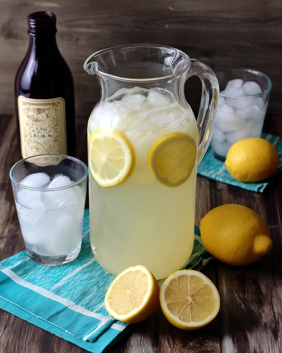 A clear glass pitcher filled halfway with pale yellow lemonade with three thin lemon slices floating on top is centered on a dark wooden surface. In front of the pitcher are two bright yellow lemons, one whole and one cut showing the inside. Behind and to the left of the pitcher is a dark bottle with a cream label. To the right, two small clear glasses with ice cubes sit on teal and white striped napkins, next to a whole lemon. The surface is replaced with a white marbled texture. photo taken with an iphone --ar 4:5 --v 7
