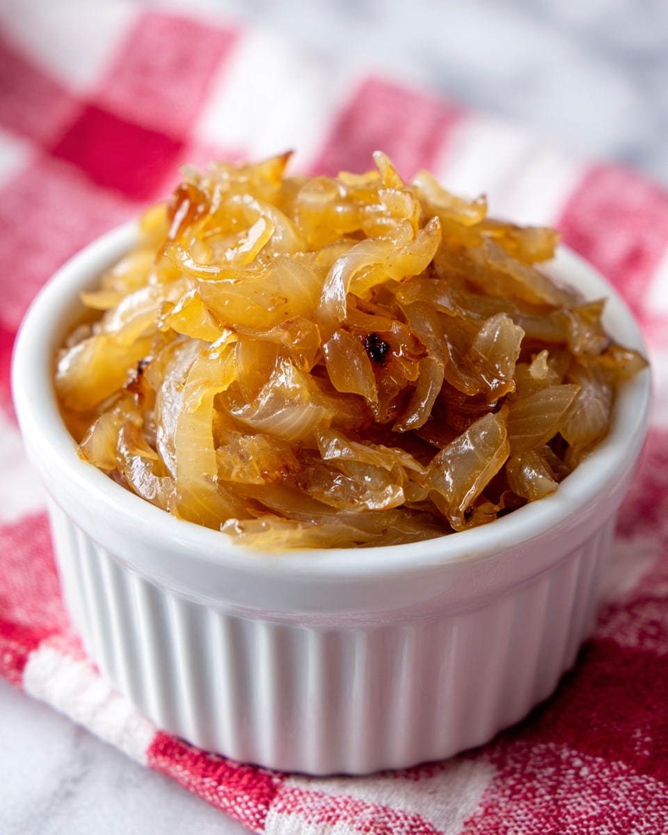 A close-up of a small white ramekin filled with golden brown caramelized onions, showing soft, shiny, and slightly translucent layers with some darker toasted bits mixed in. The onions look tender and cooked with a slight glaze on top. The ramekin is placed on a white marbled texture with a soft-focus red and white checkered cloth in the background. The image has a warm and cozy feel. photo taken with an iphone --ar 4:5 --v 7