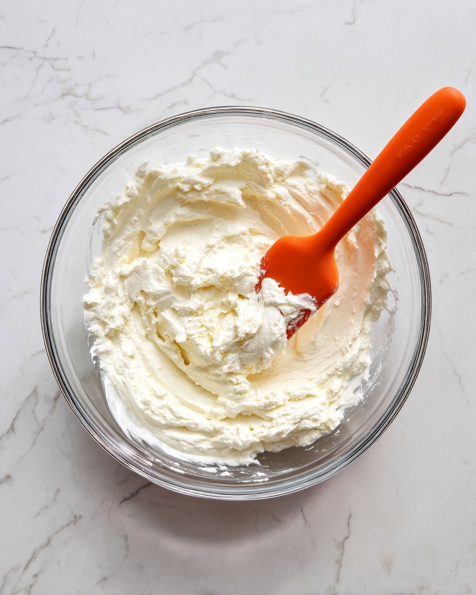 A clear glass bowl containing a thick white creamy mixture with a soft, slightly lumpy texture. Inside the bowl, an orange spatula is partially dipped into the mixture, resting against the inner side of the bowl. The bowl is placed on a white marbled surface, enhancing the clear contrast between the bowl, spatula, and mixture. photo taken with an iphone --ar 4:5 --v 7