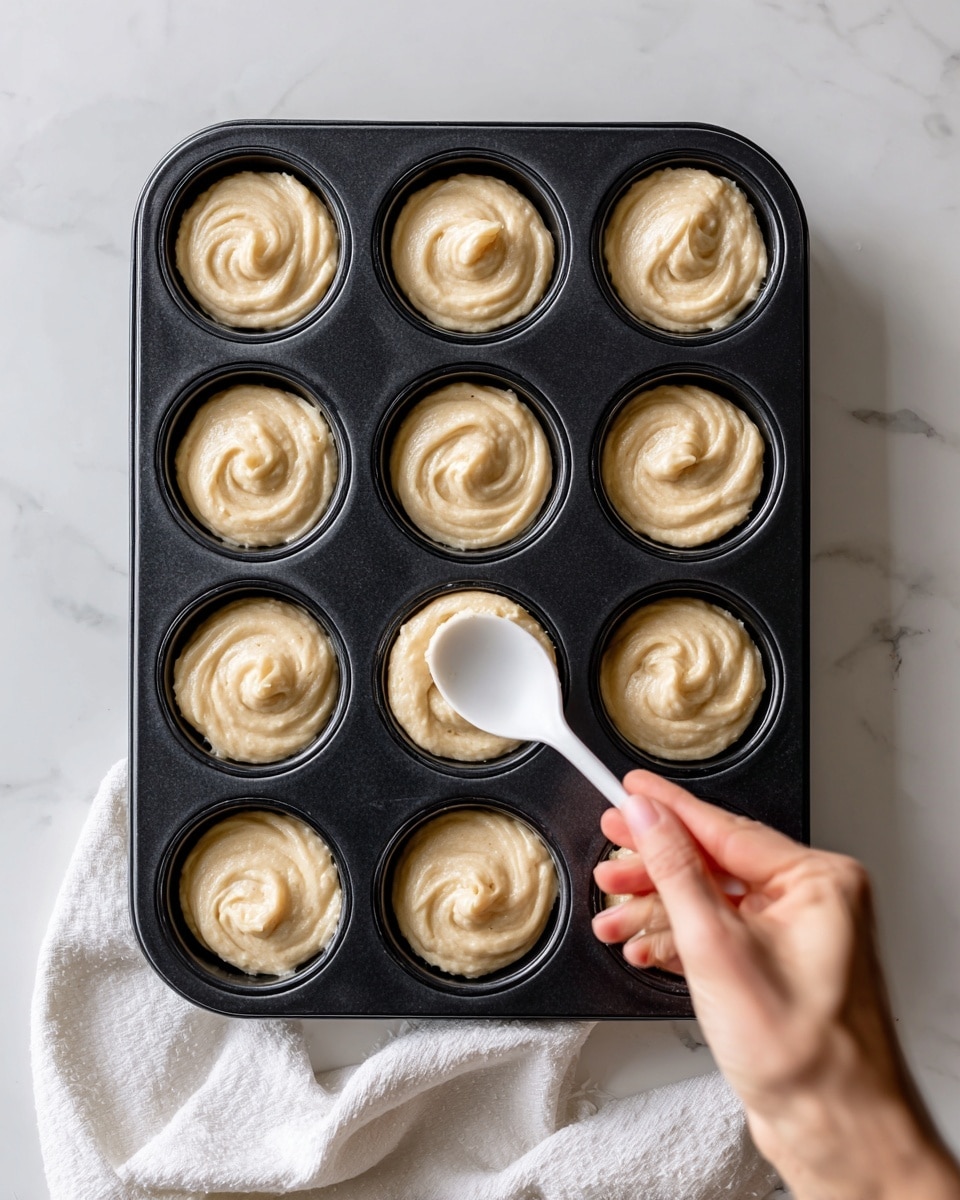 A black muffin tray with twelve cups is filled with smooth, pale beige batter in each cavity. The batter looks creamy and slightly swirled in texture. A woman's hand is holding a small white spoon, spreading the batter evenly in one of the bottom cups. The tray is placed on a white marbled surface, and a white cloth is slightly visible on the right side. The lighting is bright and soft, making the batter look fresh and ready to bake. photo taken with an iphone --ar 4:5 --v 7