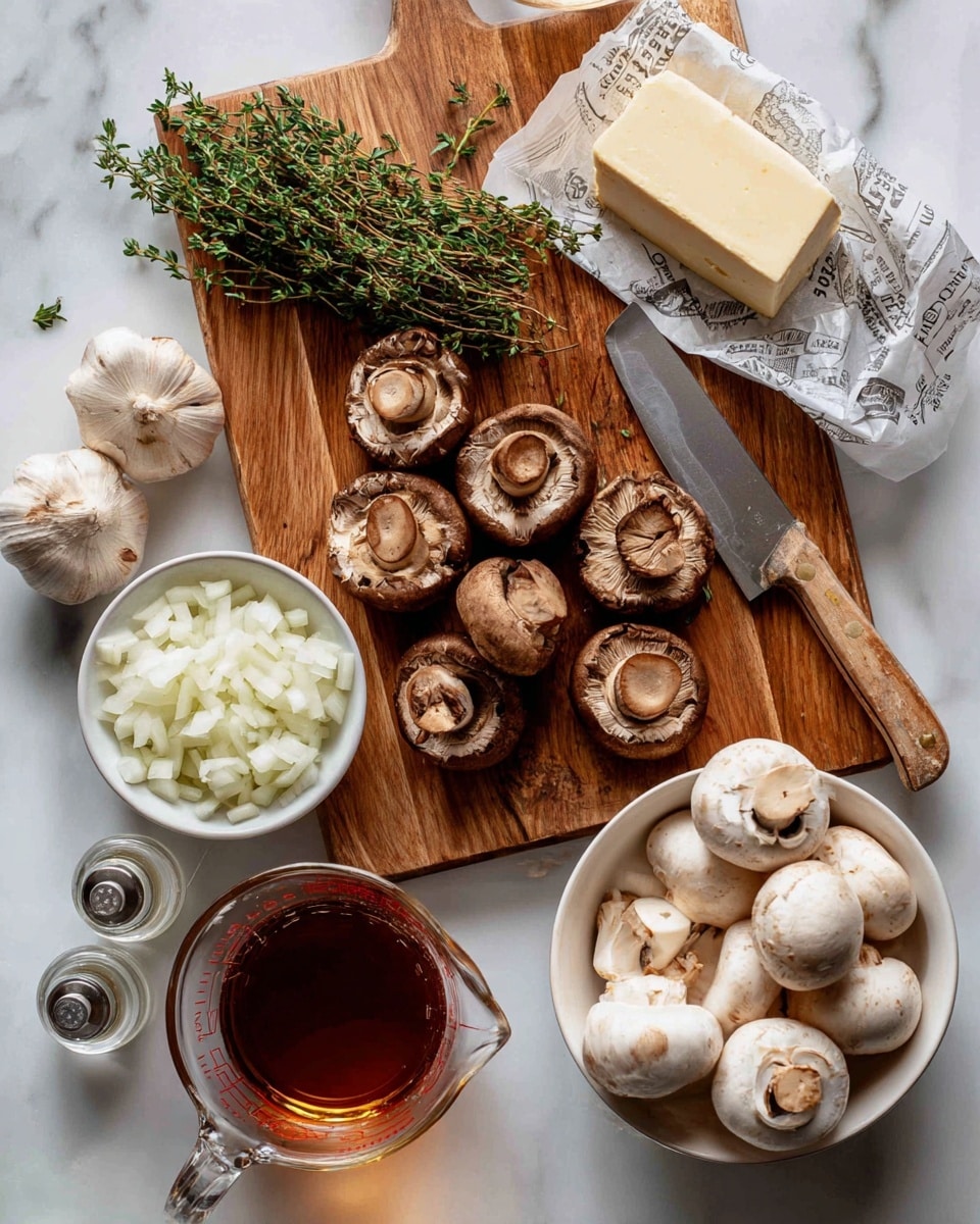 A wooden cutting board placed on a white marbled surface holds several sliced brown mushrooms and a knife with a wooden handle resting diagonally. On the top part of the board, there is a small bundle of fresh thyme with green leaves, and to the right, a wrapped stick of butter is partially sliced. Below the board, a small white bowl contains garlic bulbs with peeled cloves showing. To the bottom right, a white bowl is filled with whole white mushrooms. In the bottom center, a glass measuring cup holds a dark amber liquid, and next to it, there is a glass bowl filled with finely chopped white onions. Near the bottom left, two small glass bottles likely contain oil and vinegar. photo taken with an iphone --ar 4:5 --v 7