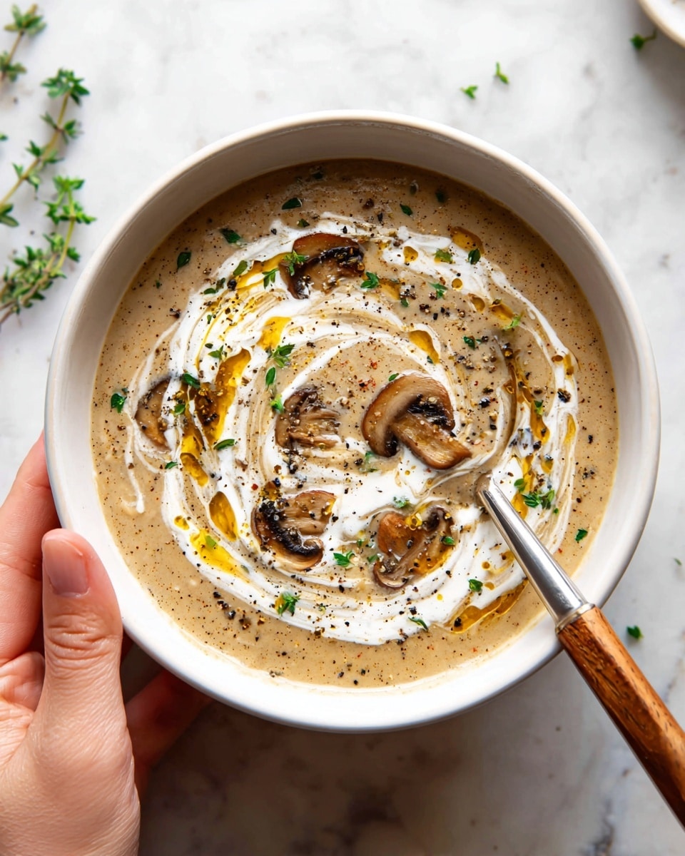 A close-up view of creamy mushroom soup in a white bowl held by a woman's hand, showing a thick beige broth with visible mushroom slices inside. On the top surface, there is a swirl of white cream, green herbs, black pepper, and drops of golden oil, creating a mix of smooth, fresh, and slightly textured layers. A spoon with a wooden handle dips into the soup on the right side, partially submerged and reflecting the soup’s creamy texture. The bowl rests on a white marbled surface, with small green herb sprigs nearby. Photo taken with an iphone --ar 4:5 --v 7