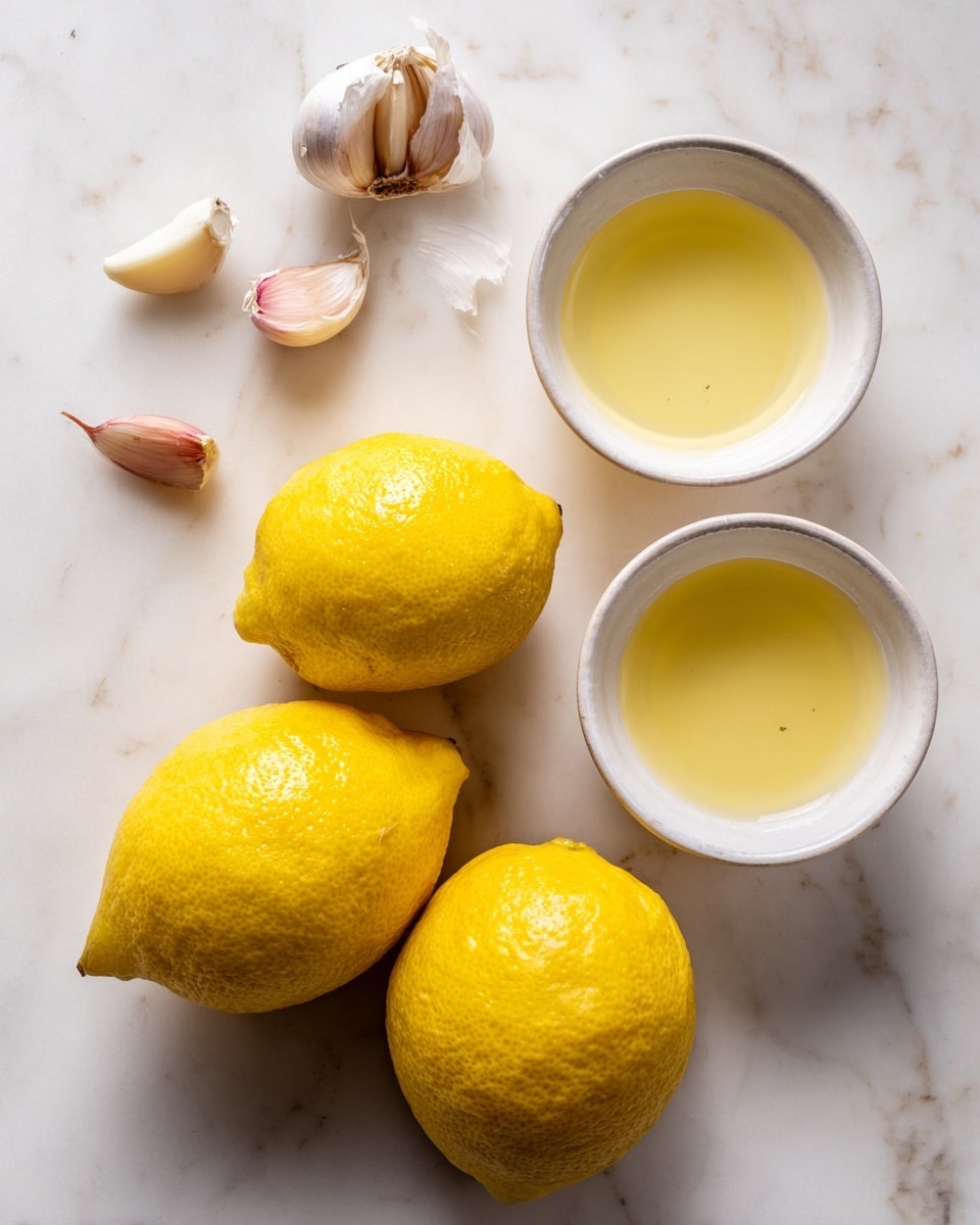 The image shows three whole bright yellow lemons at the bottom on a white marbled surface. To the left, there are three garlic cloves, two peeled and one with the skin on, positioned vertically. On the top right, there are two small round white ceramic bowls, one filled with a pale yellow liquid and the other with a clear light golden oil, both placed close together. The scene is well lit with soft, natural light highlighting the smooth textures of the lemons and the shine on the liquids. Photo taken with an iphone --ar 4:5 --v 7
