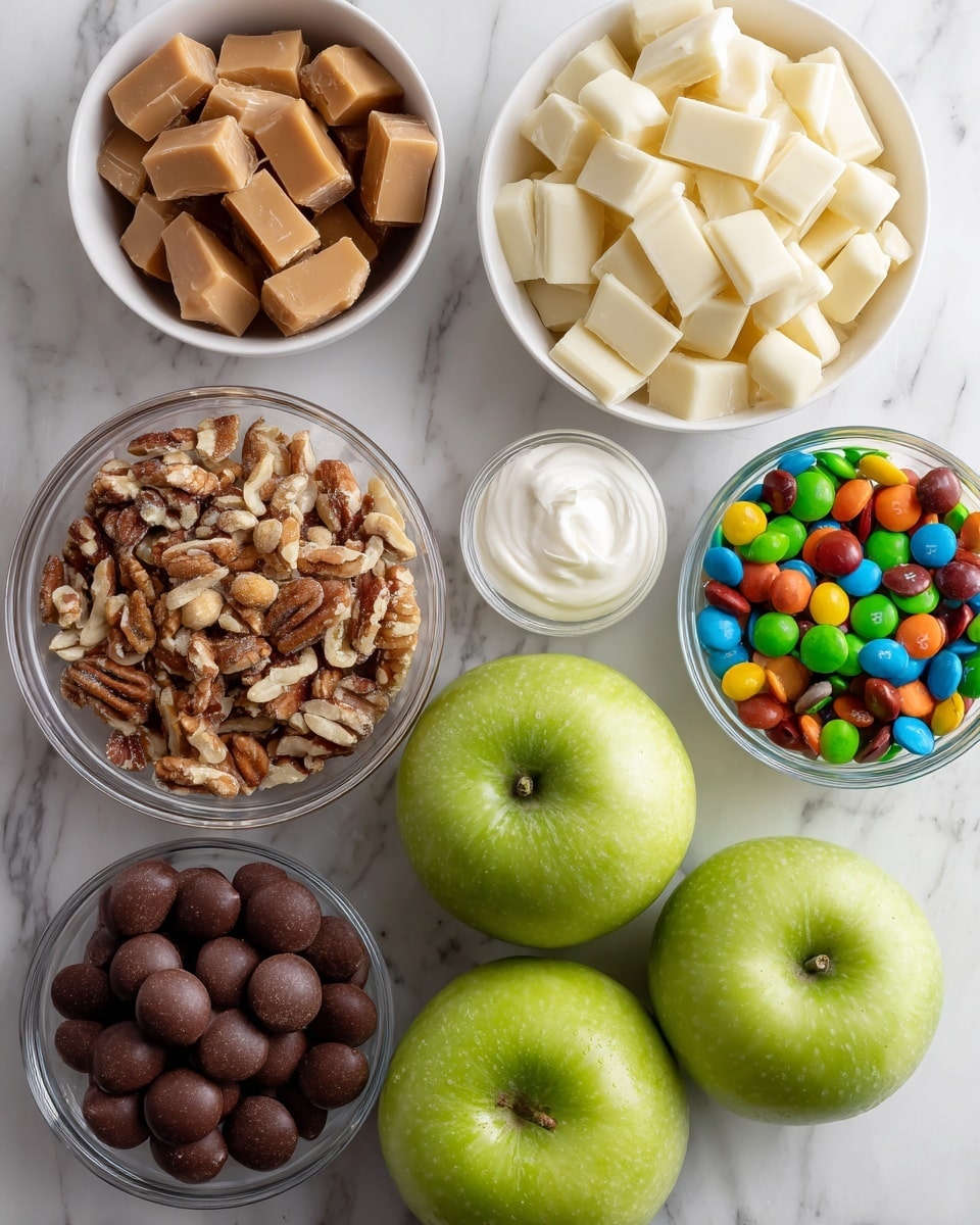 The image shows six bowls and three green apples arranged on a white marbled surface. From left to right, top to bottom, there is a white bowl filled with light brown caramel squares, next to it is a white bowl full of large white chocolate chunks. Below these, a small white bowl holds a small amount of white cream. To the left, a clear glass bowl contains chopped nuts with brown and cream pieces. Next, three green apples with some texture and imperfections are placed side by side. At the bottom left is a white bowl filled with dark round chocolate pieces, and to the right, a clear glass bowl holds colorful candy-coated chocolate pieces. The arrangement is neat, and the lighting is bright, showing texture clearly. Photo taken with an iphone --ar 4:5 --v 7